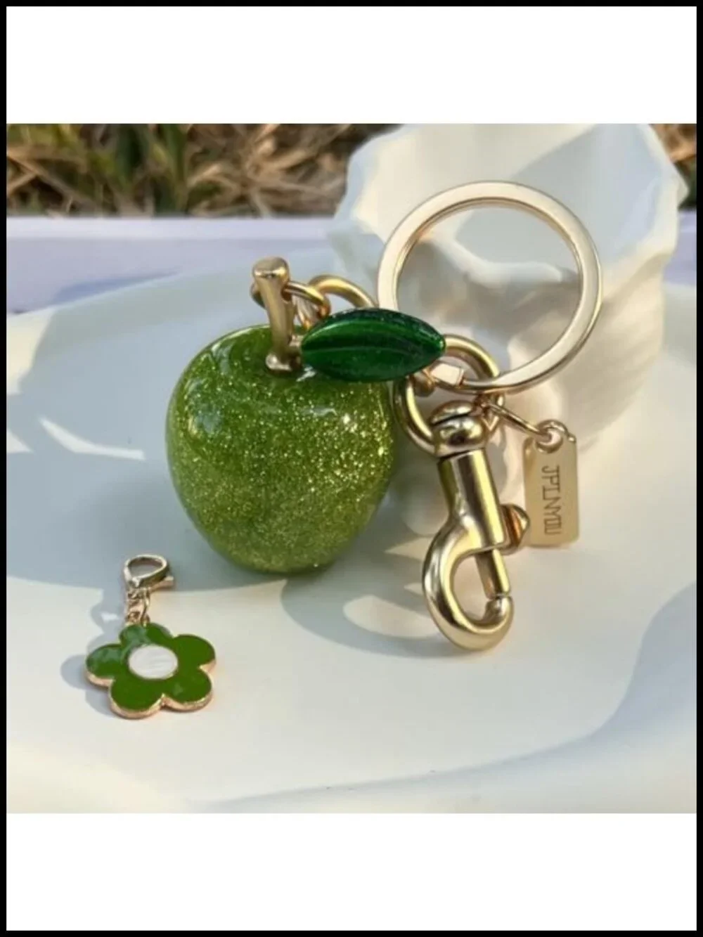 Sparkly Green Apple Purse Charm, Gold Hardware Keychain